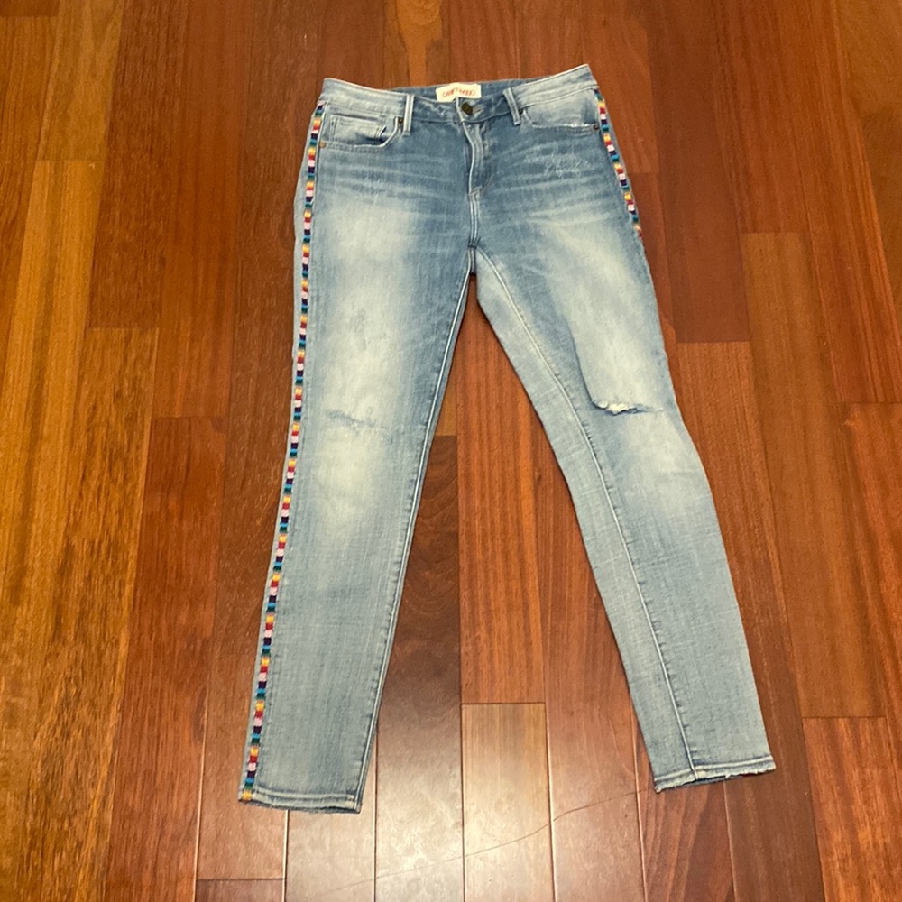 Driftwood Jackie Distressed hi rise Rainbow skinny jeans light denim size 26